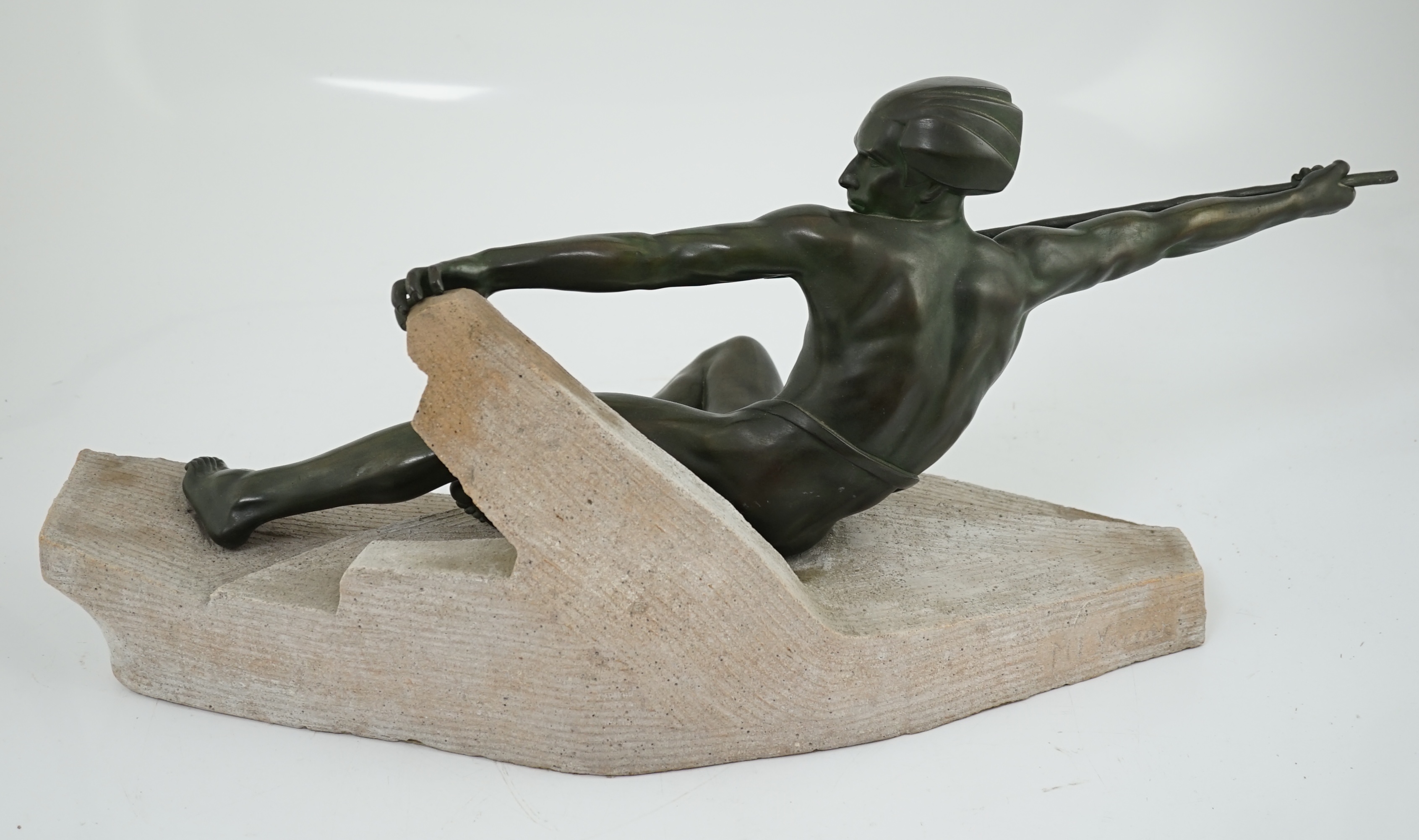 Max Le Verriere, (1891-1973), a French Art Deco bronzed spelter figure, 'L'Embuscade'